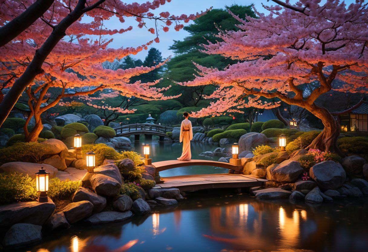 A captivating scene portraying a mysterious, lush Japanese garden at twilight, with soft glowing lanterns and sensual silhouettes of anime characters entwined among cherry blossom trees. The atmosphere is imbued with a sense of allure, hinting at romance and seduction. Emphasize intricate details of character designs and rich colors, creating a dreamy yet provocative ambiance. vibrant colors. ethereal style. fantasy art.